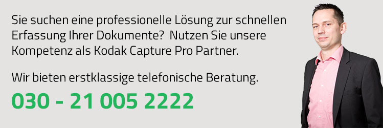 Sie wünschen mehr Informationen zu Kodak Capture Pro Software oder eine Beratung durch Scanner-Spezialisten? Rufen Sie uns an. 030 - 21 005 2222 Telefonische Scanner Beratung vom Scanner Spezialisten