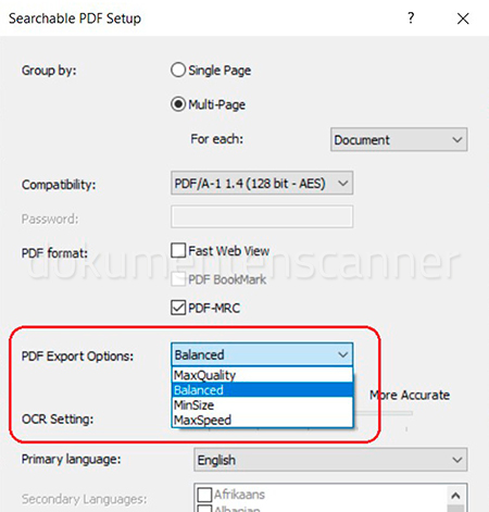 KCP Konfigurationsoptionen für Durchsuchbare PDF-Ausgabe